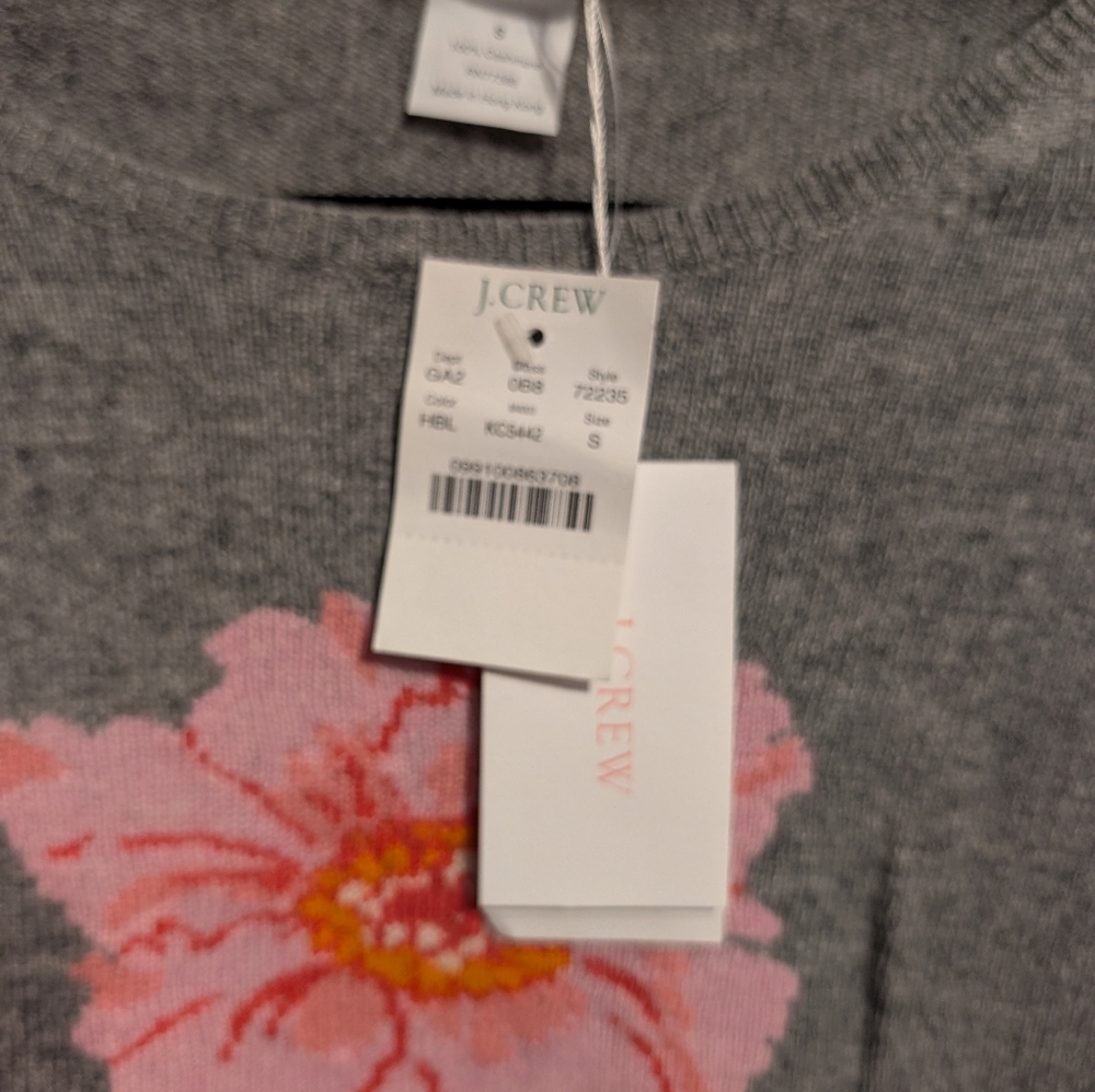 J. Crew Cashmere Gray Sweater with Pink Floral Design..NWT..Small - Picture 2 of 3